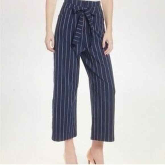 Striped High Waisted Cropped Wide Leg Pants Trousers Belted Tie Bow Front Large - Picture 1 of 10